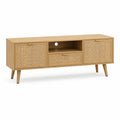 Meuble TV 160 x 40 x 60 cm en panneaux MDF finition chene avec portes en cannage naturel