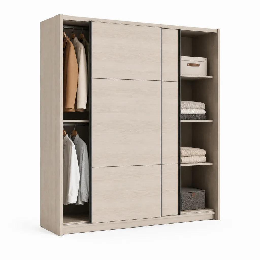 Armoire de chambre rectangulaire 180 x 60 x 200 cm en panneaux de particules melamines chene clair et noir avec portes coulissantes