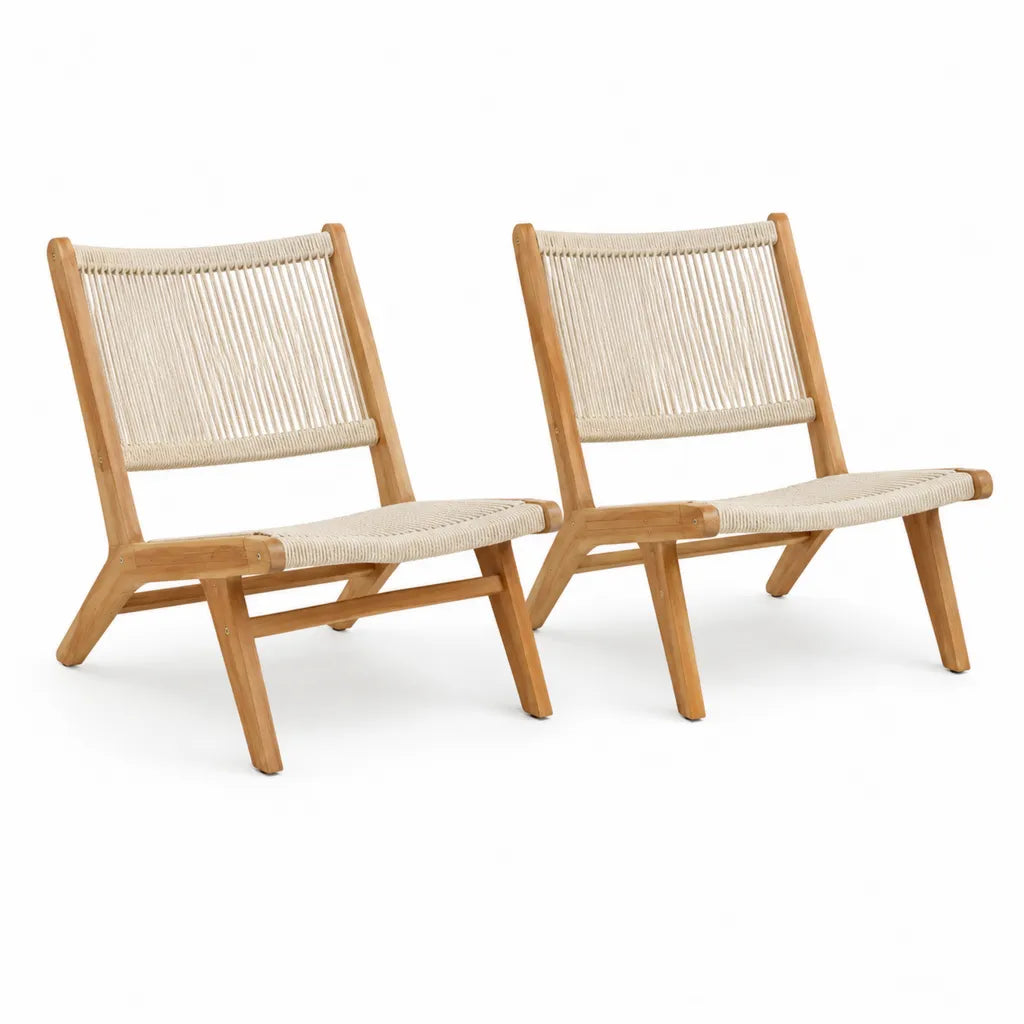 Lot de 2 fauteuils de jardin inclines en acacia massif et corde en polypropylene beige 60 x 75 x 80 cm