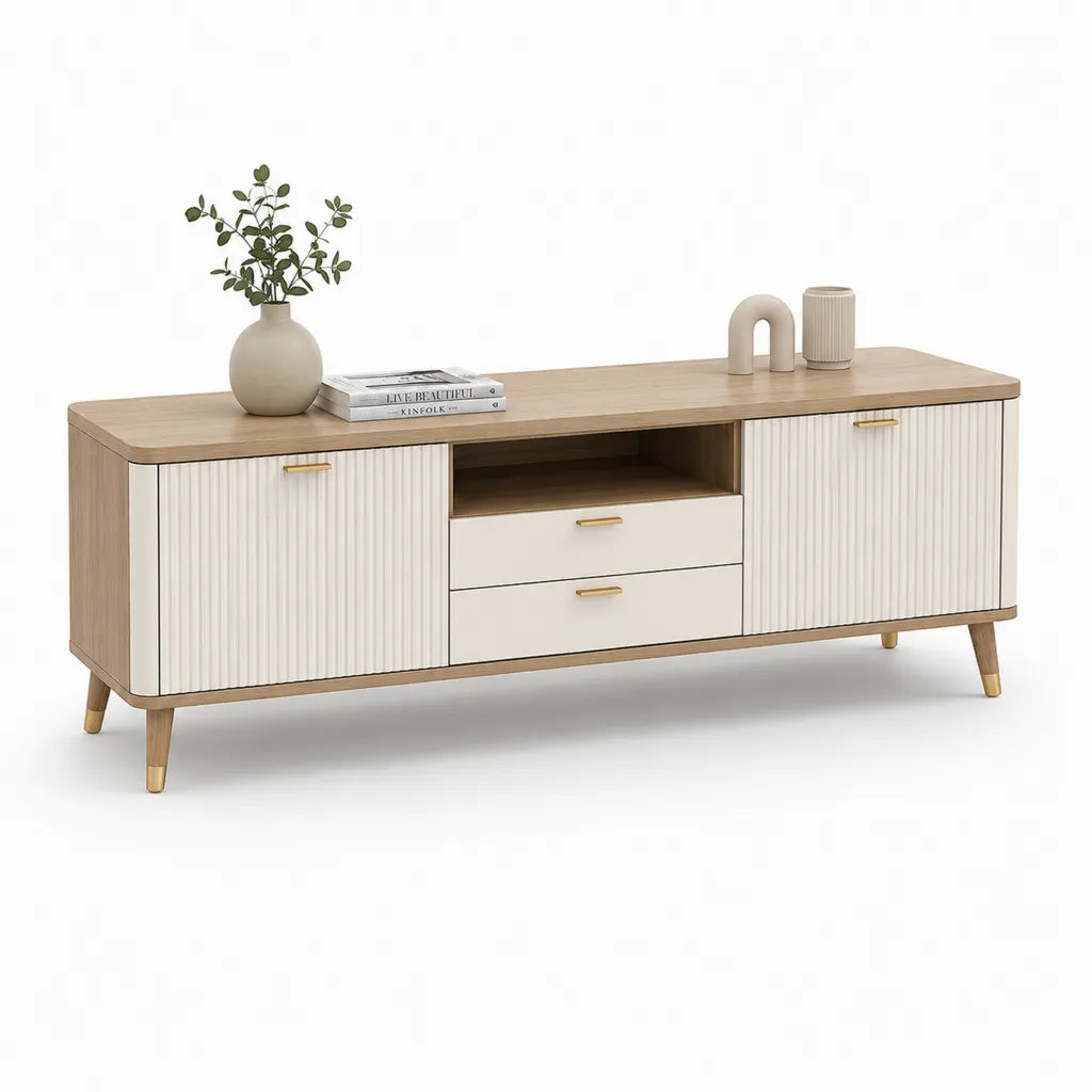 Meuble TV bas 180 x 40 x 65 cm en MDF plaque chene avec 2 portes 2 tiroirs et niche beige