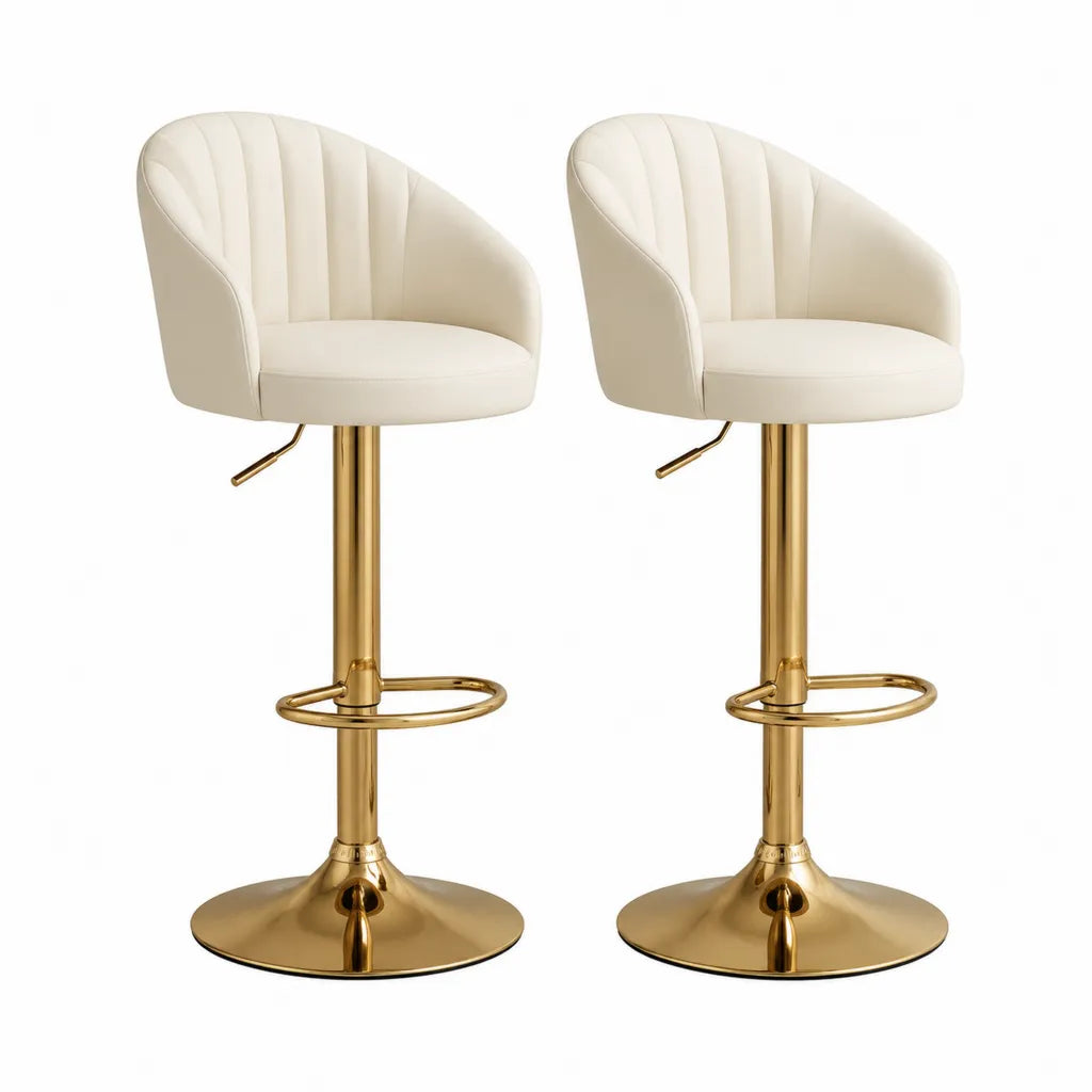 Lot de 2 tabourets de bar reglables en hauteur en cuir synthetique PU blanc avec pietement acier dore 48 x 52 x 89-110 cm