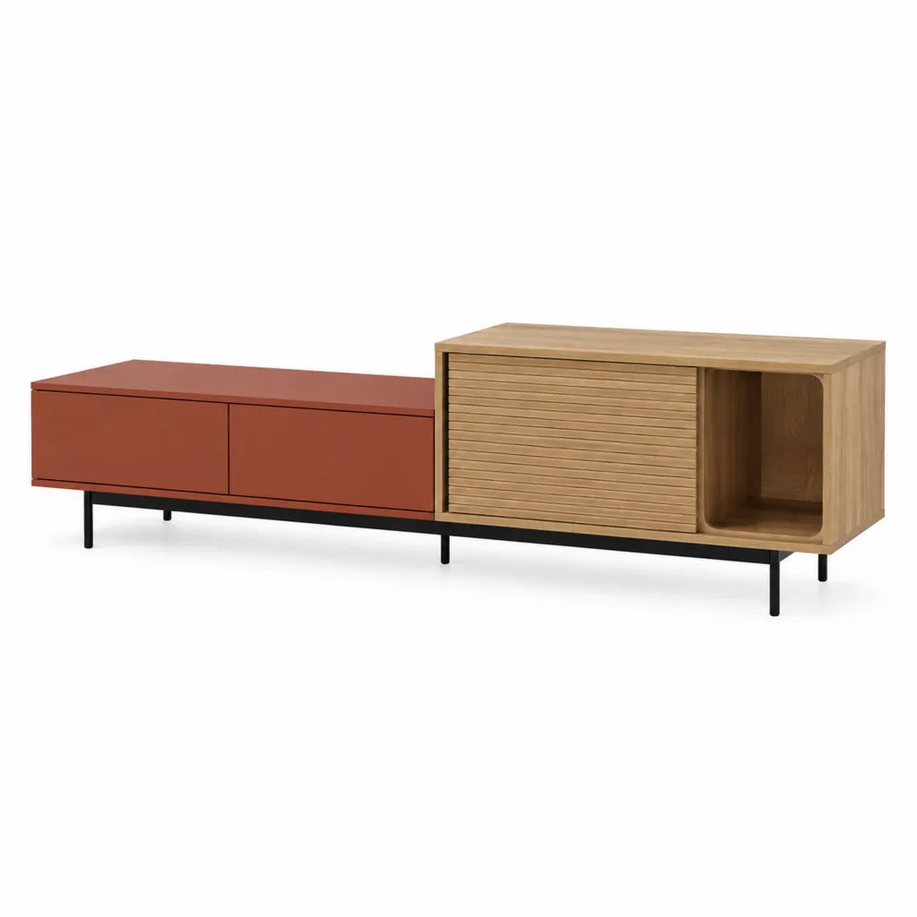 Meuble TV bas rectangulaire 180 x 40 x 55 cm en MDF plaque chene rouge brique et acier noir