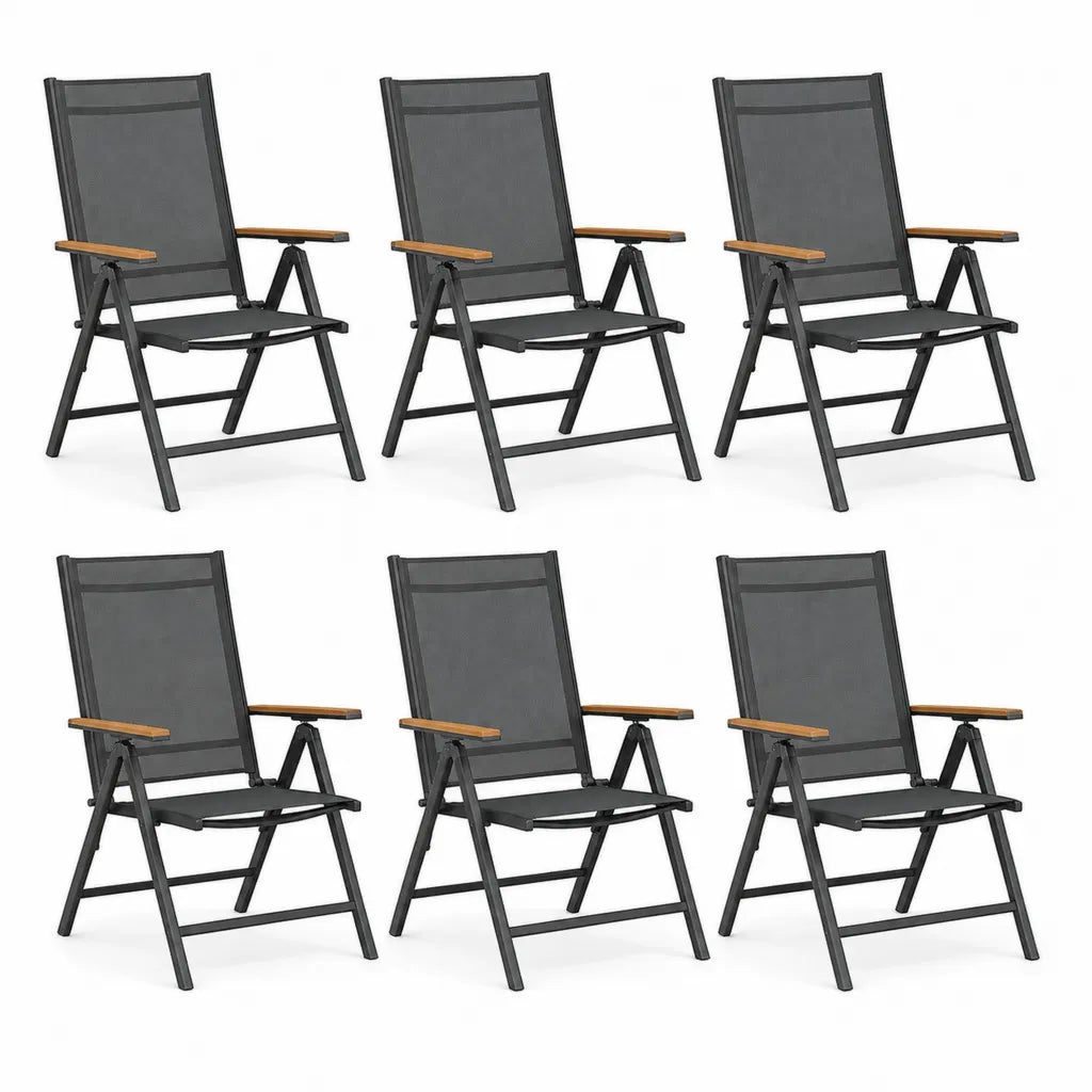 Lot de 6 chaises de jardin pliantes avec accoudoirs assise rectangulaire 56 x 68 x 109 cm acier textilene noir marron