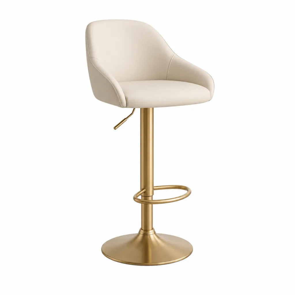 Tabouret de bar reglable avec accoudoirs en PU creme pied rond dore 54 x 50 x 91-112 cm