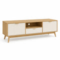 Meuble TV 160 x 40 x 60 cm en panneaux MDF chene clair et blanc avec 2 portes et tiroir