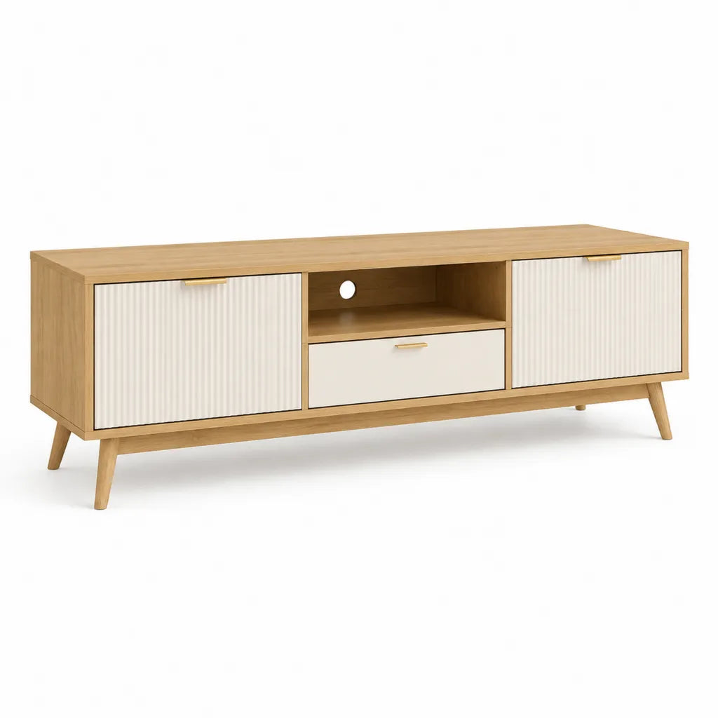 Meuble TV 160 x 40 x 60 cm en panneaux MDF chene clair et blanc avec 2 portes et tiroir