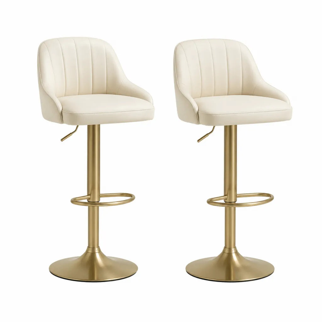 Lot de 2 tabourets de bar reglables pivotants en similicuir PU blanc acier dore 48 x 53 x 91-112 cm