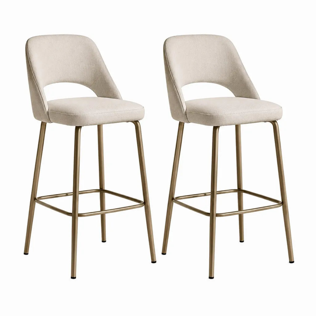 Lot de 2 tabourets de bar avec dossier en polyester beige et acier dore 48 x 54 x 97 cm