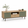 Meuble TV 160 x 40 x 60 cm en MDF decor chene avec 2 portes vert olive et pieds en acier noir
