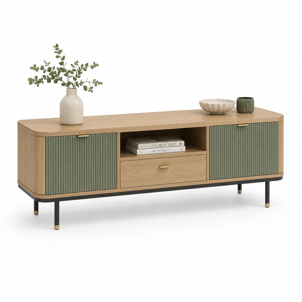 Meuble TV 160 x 40 x 60 cm en MDF decor chene avec 2 portes vert olive et pieds en acier noir