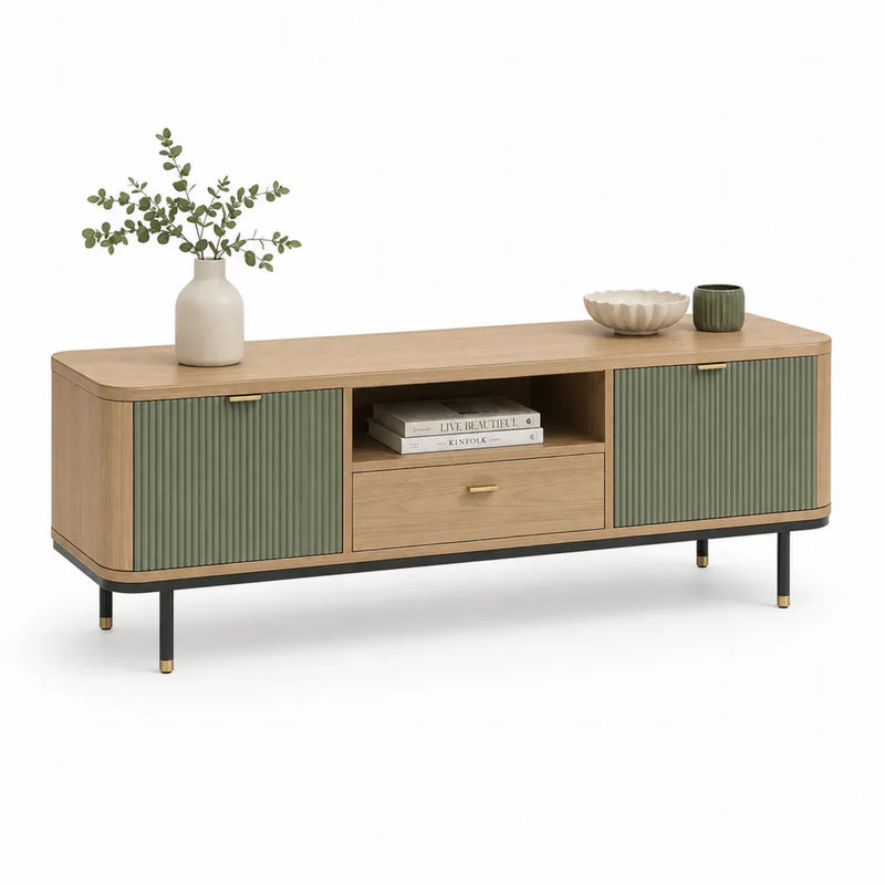 Meuble TV 160 x 40 x 60 cm en MDF decor chene avec 2 portes vert olive et pieds en acier noir