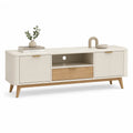 Meuble TV rectangulaire 160 x 40 x 55 cm en panneaux de particules melamines blanc casse et decor chene avec 2 portes et 1 tiroir