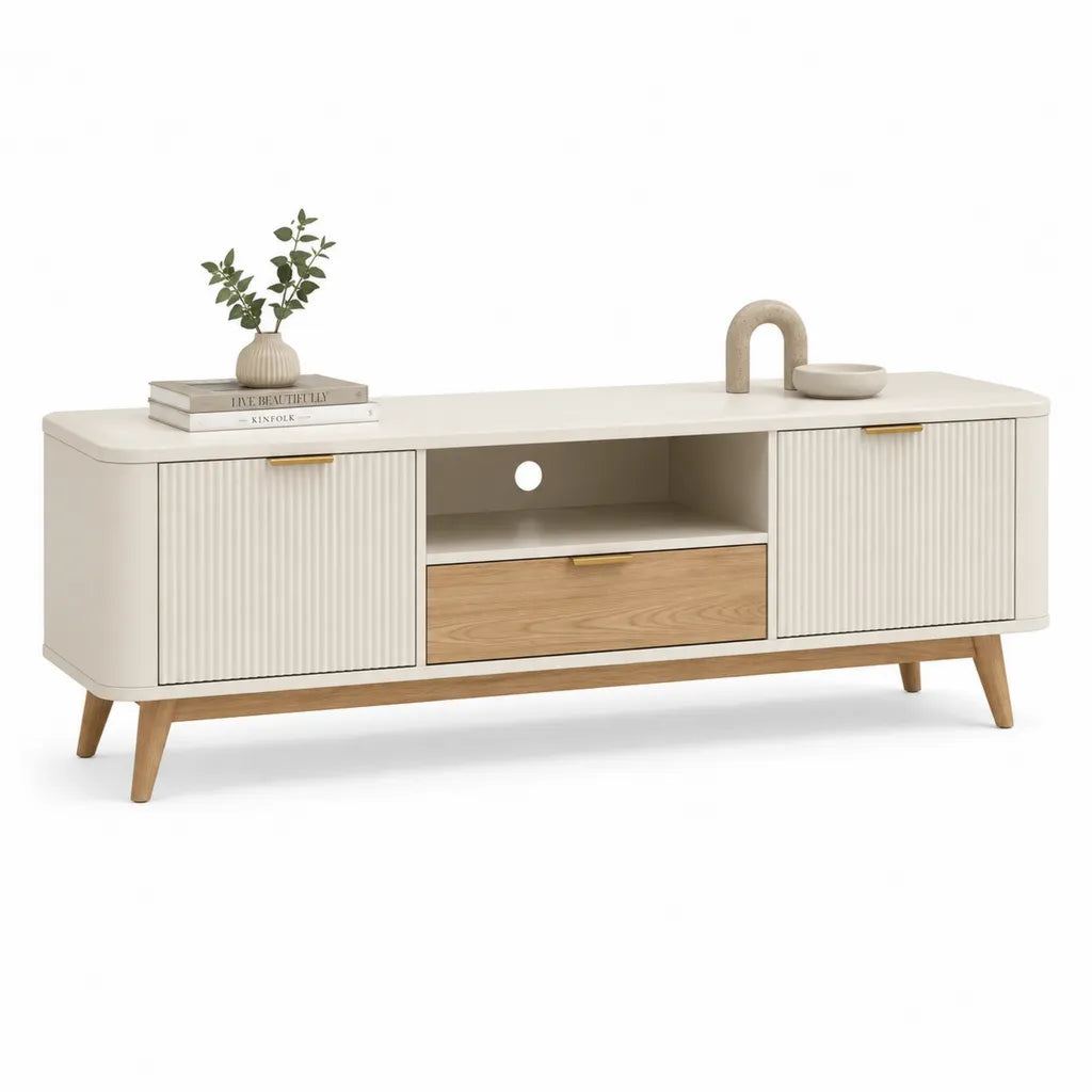 Meuble TV rectangulaire 160 x 40 x 55 cm en panneaux de particules melamines blanc casse et decor chene avec 2 portes et 1 tiroir