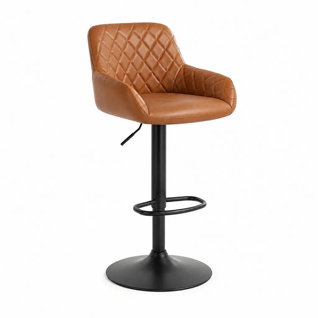 Tabouret de bar reglable avec accoudoirs en cuir synthetique PU marron et acier noir 53 x 51 x 91-112 cm