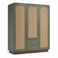 Armoire de chambre rectangulaire 3 portes 2 tiroirs en MDF vert olive et cannage de rotin 150 x 55 x 200 cm