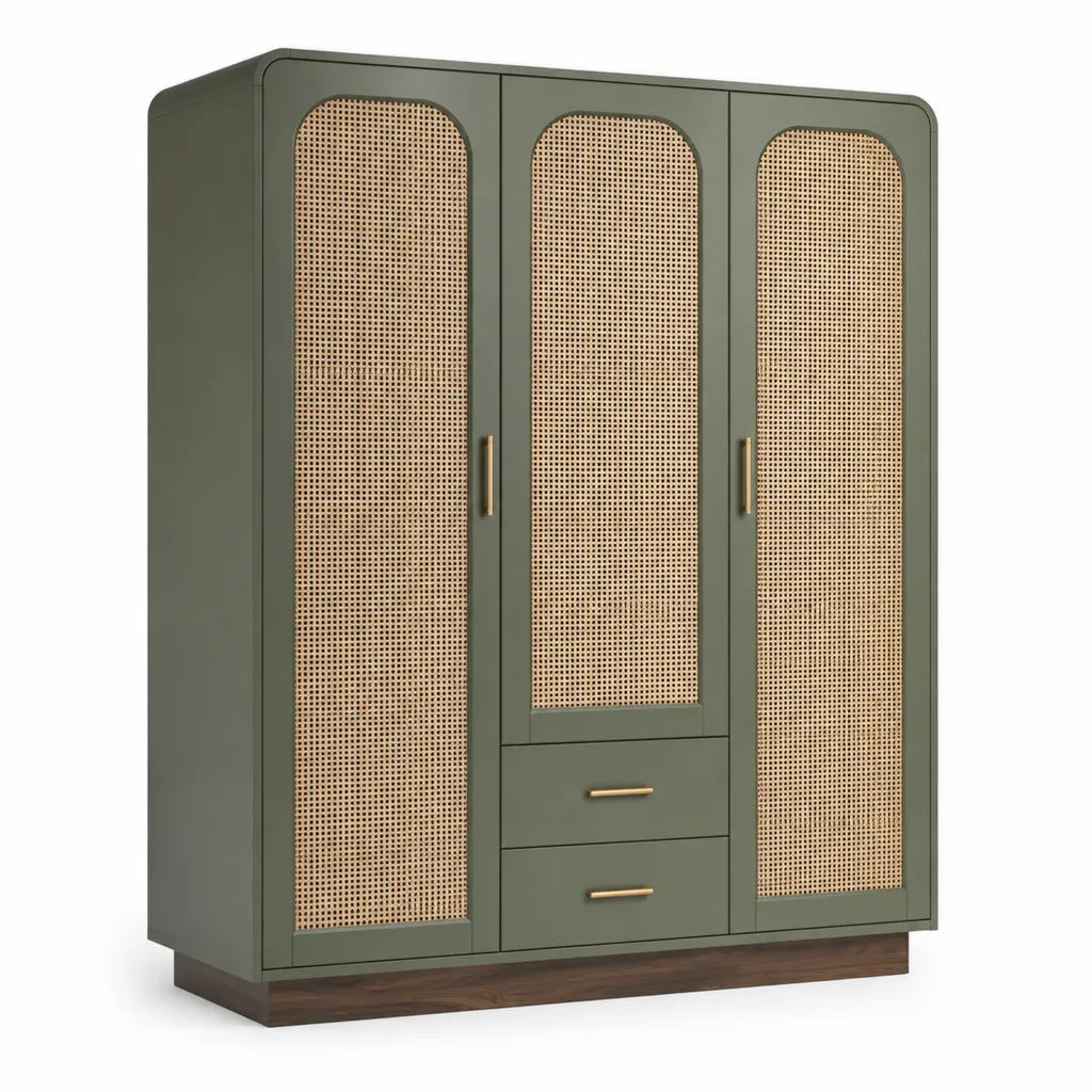 Armoire de chambre rectangulaire 3 portes 2 tiroirs en MDF vert olive et cannage de rotin 150 x 55 x 200 cm