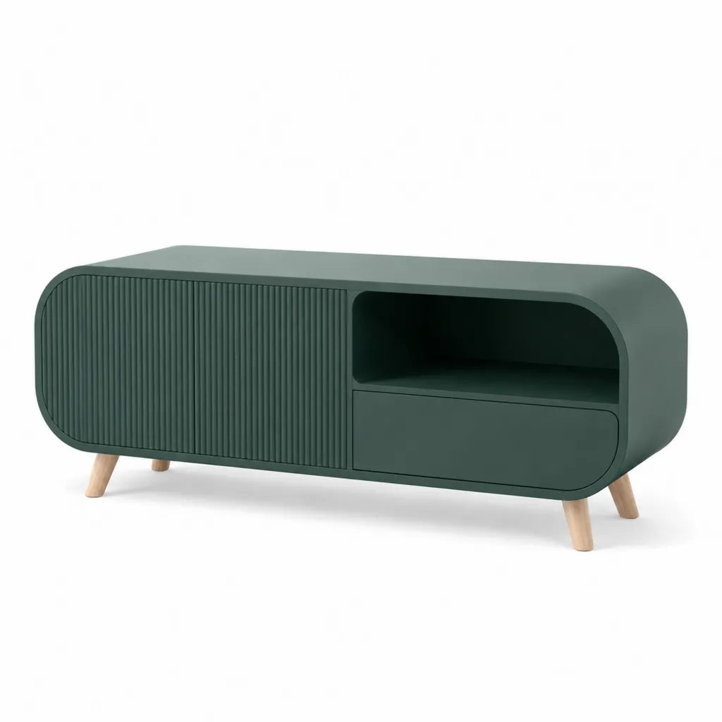 Meuble TV avec rangement en MDF vert fonce et pieds en bois massif forme rectangulaire arrondie 140 x 40 x 50 cm
