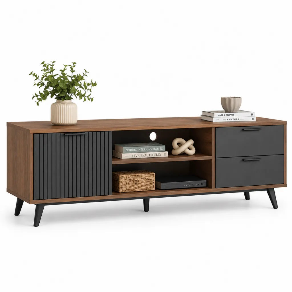 Meuble TV rectangulaire 180 x 40 x 70 cm en panneaux MDF melamines noyer et noir