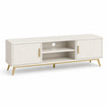 Meuble TV blanc 160 x 40 x 55 cm en panneaux MDF avec 2 portes striees et pieds dores