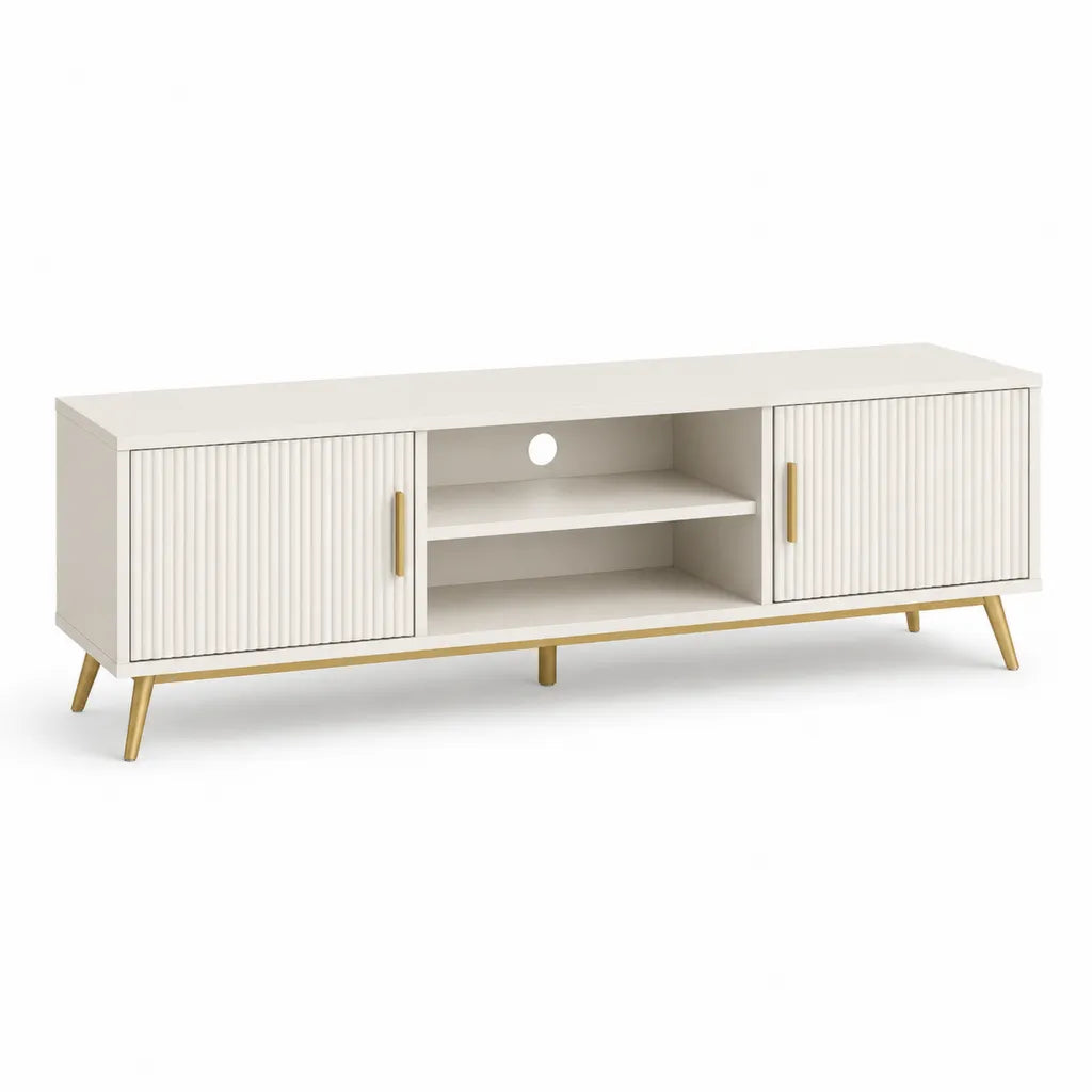 Meuble TV blanc 160 x 40 x 55 cm en panneaux MDF avec 2 portes striees et pieds dores