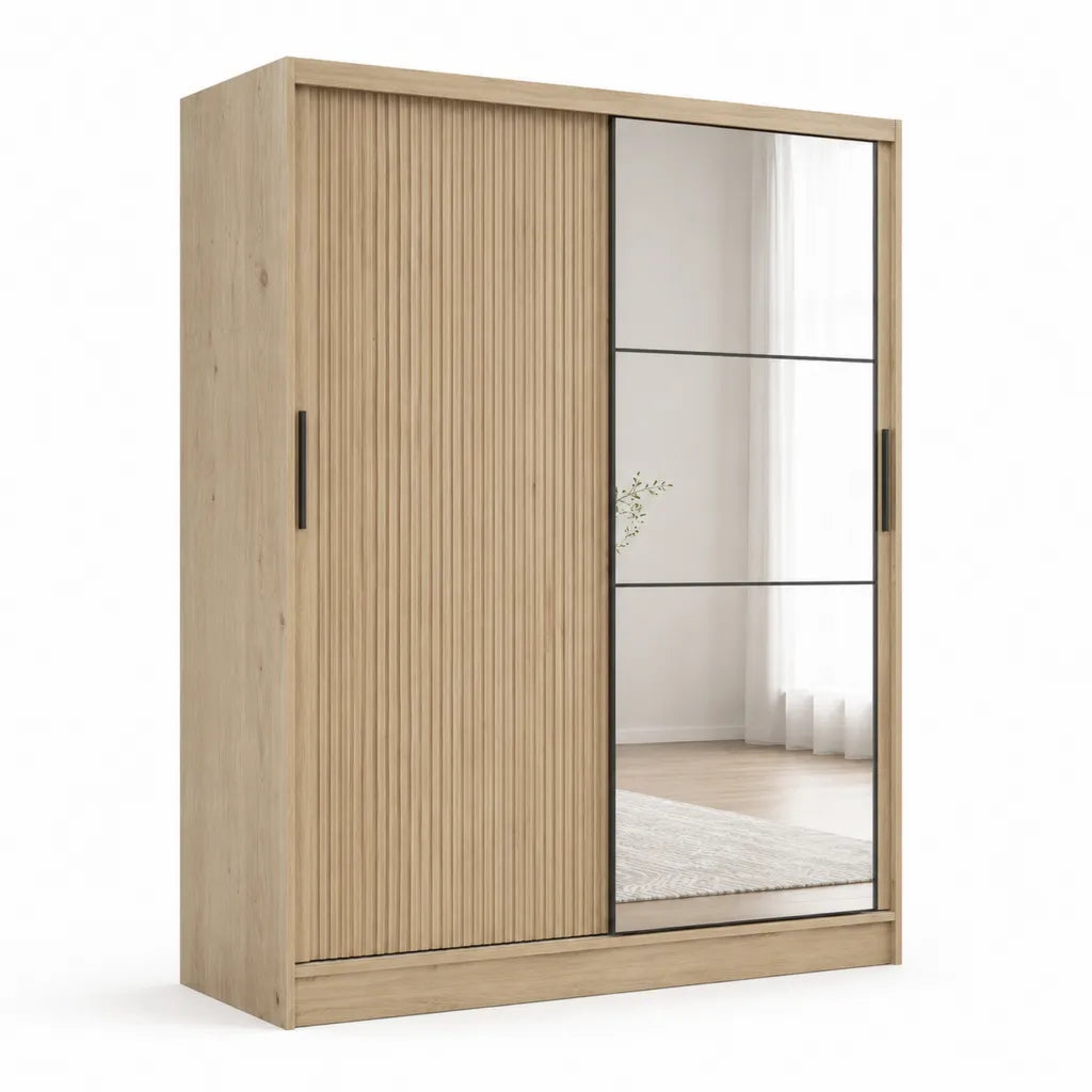 Armoire de chambre a 2 portes coulissantes avec miroir 120 x 60 x 200 cm panneaux melamines chene clair