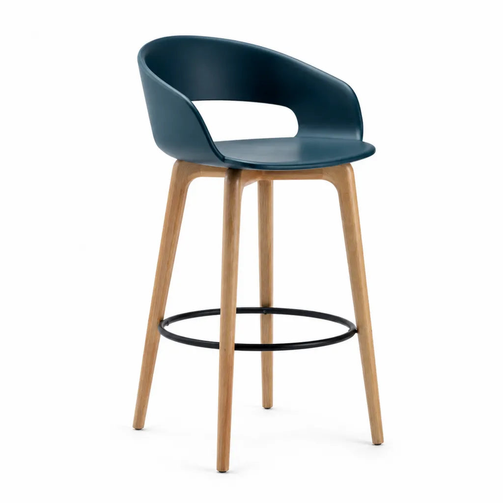 Tabouret de bar avec dossier coque en polypropylene bleu fonce pieds en bois massif 54 x 52 x 108 cm